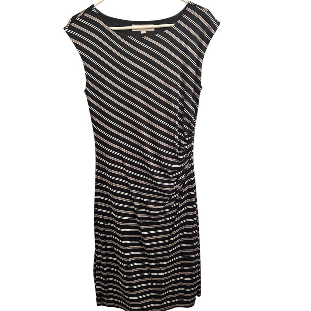 Ann Taylor LOFT  Dress  Black White Tan Stripe Cap Sleeve Gathered Lined Small
